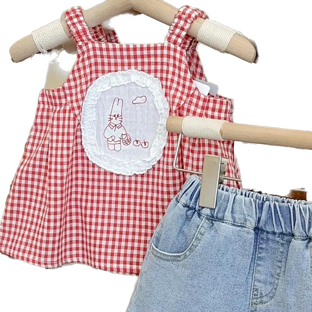 Girls' Cute and Stylish Denim Skirt Set with Vest, featuring Checkered Suspender and Bunny Design. Perfect for Summer.