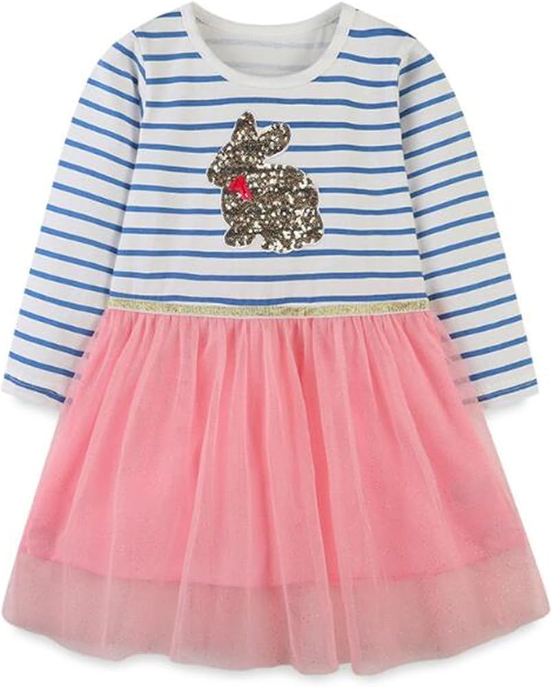 Girls Cotton Long Sleeve Dress Casual Cartoon Basic Dresses for 2-7 Years Old