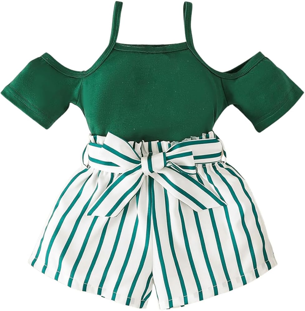 Girl's 2 Piece Outfits Cold Shoulder Short Sleeve Tee Top and Striped Paperbag Waist Shorts Summer Set