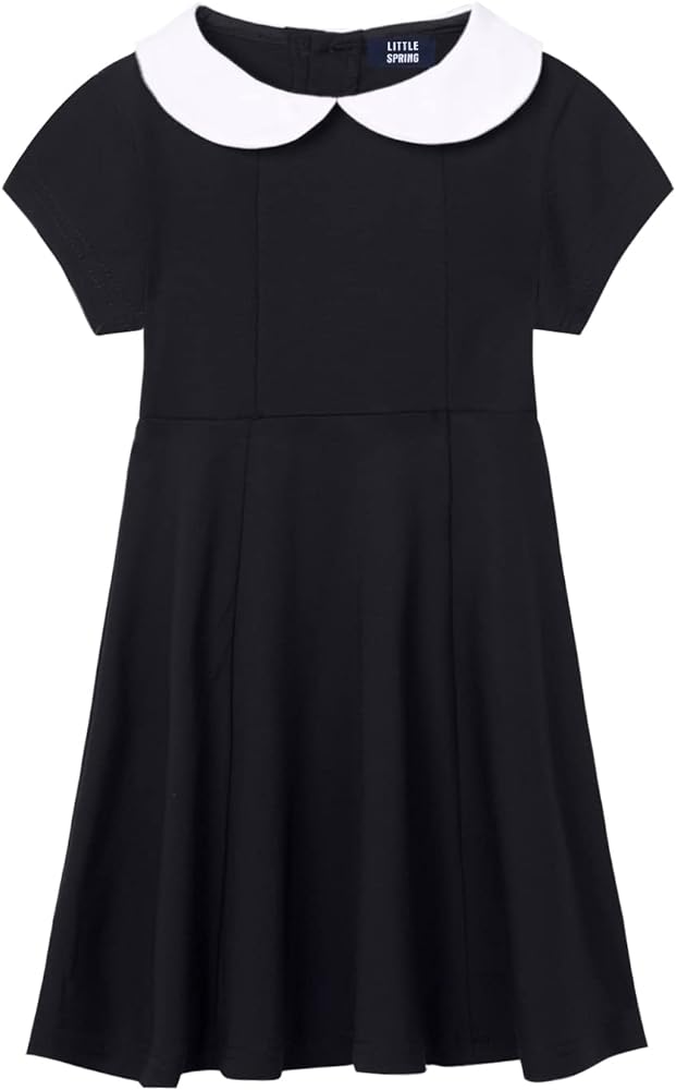 LittleSpring Girls Dresses Peter Pan Collar Long Sleeve Uniform Seam Dress