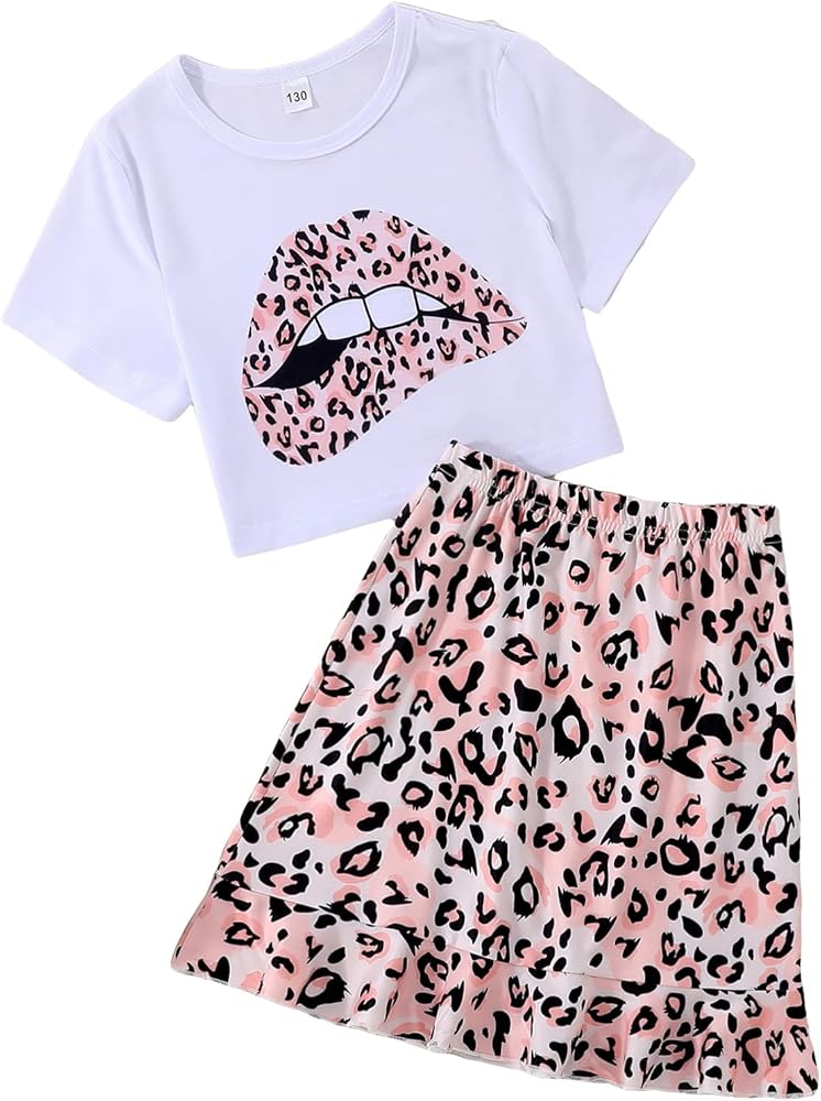 SOLY HUX Girl's Lip Leopard Print Short Sleeve T Shirt and Ruffle A Line Short Skirt 2 Piece White Pink Multi 140