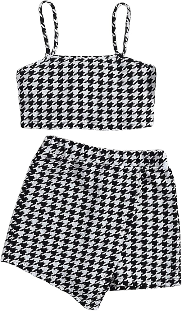 Milumia Girl's Two Piece Outfits Houndstooth Spaghetti Strap Crop Cami Top and Shorts Set