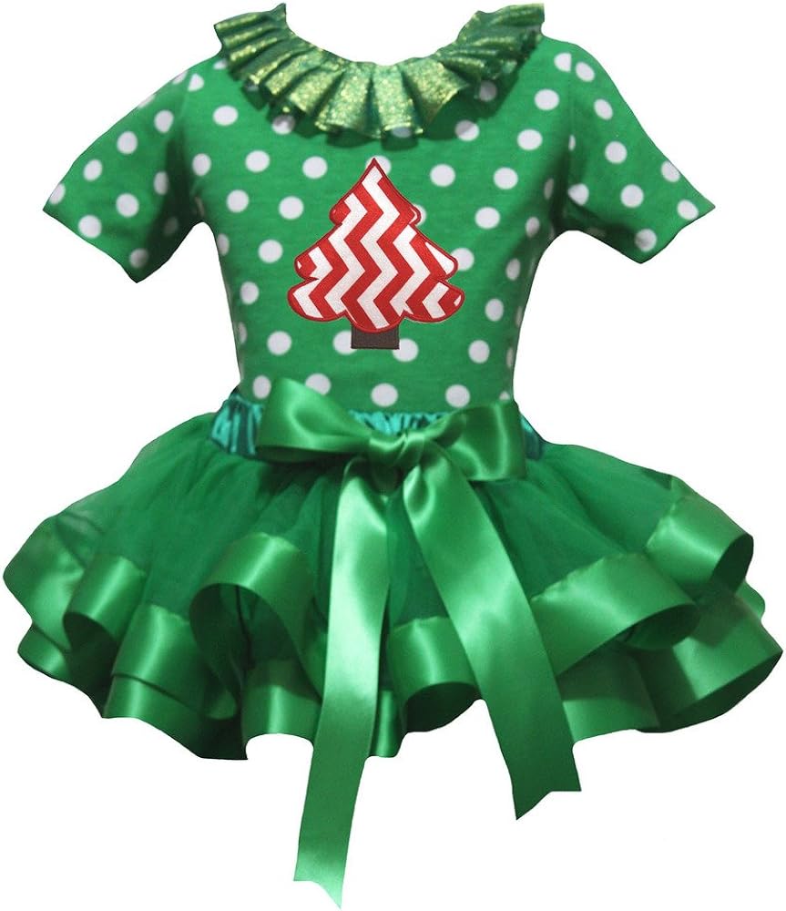 Petitebella Xmas Tree Green White Polka Dots S/s Shirt Petal Skirt Ribbon Nb-8y