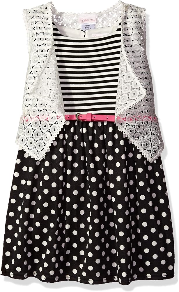 Youngland Girls' Black and White Striped to Polka Dot Ponte Dress with Pink Belt and Removable Crochet Vest