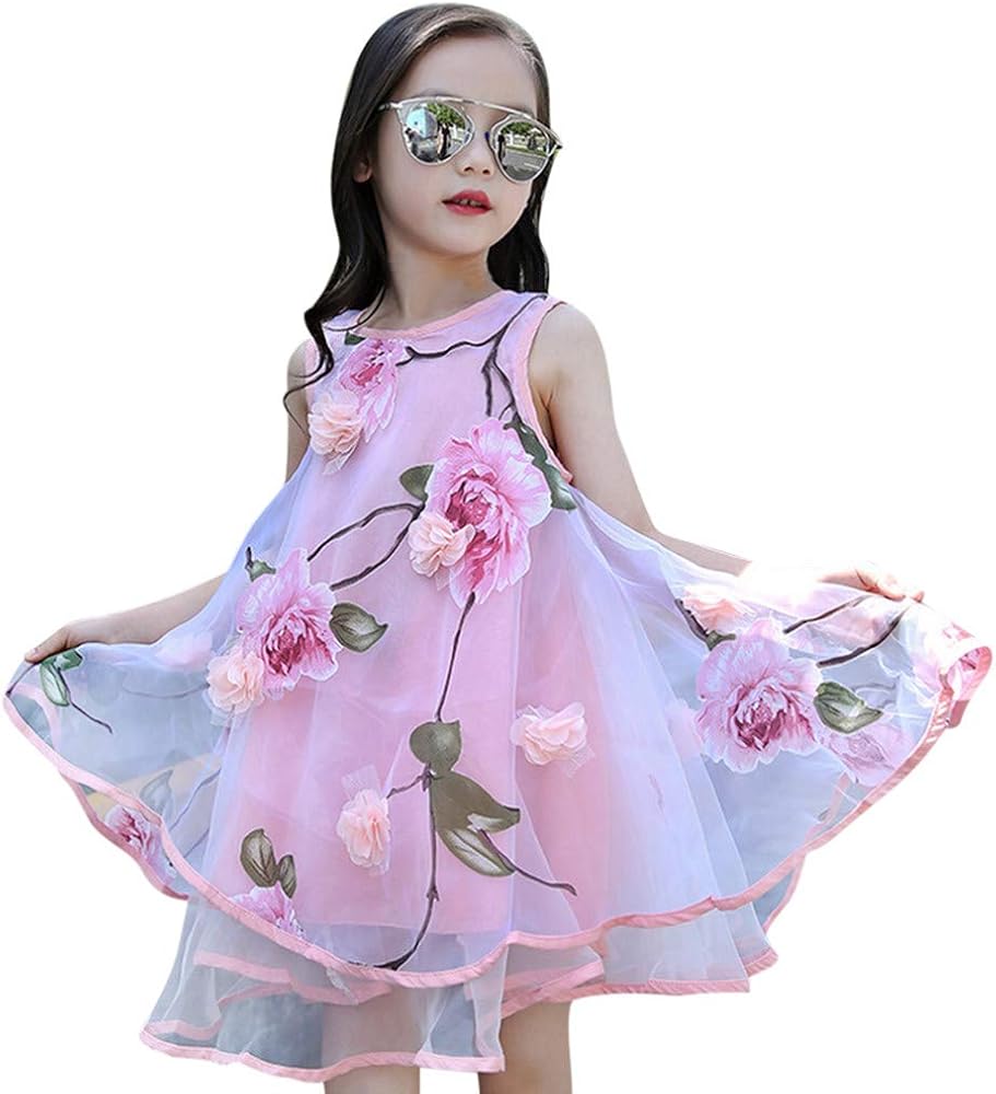 Moonker Kids Girls Summer Sundress Casual Dress Clothes 4-13 Years Old Child Flower Pageant Wedding Party Evening Dress