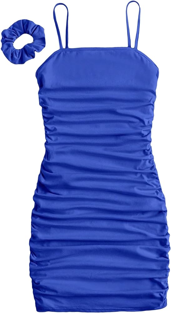 WDIRARA Women's Spaghetti Strap Sleeveless Ruched Skinny Slim Basic Cami Bodycon Pencil Mini Dresses