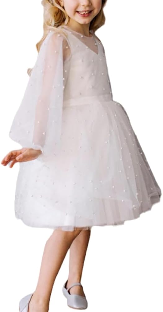 Tulle Dress Toddler White Dress Long-Sleeve Pearl Flower Little Girl Dress for Wedding Vestidos para Niñas 5T