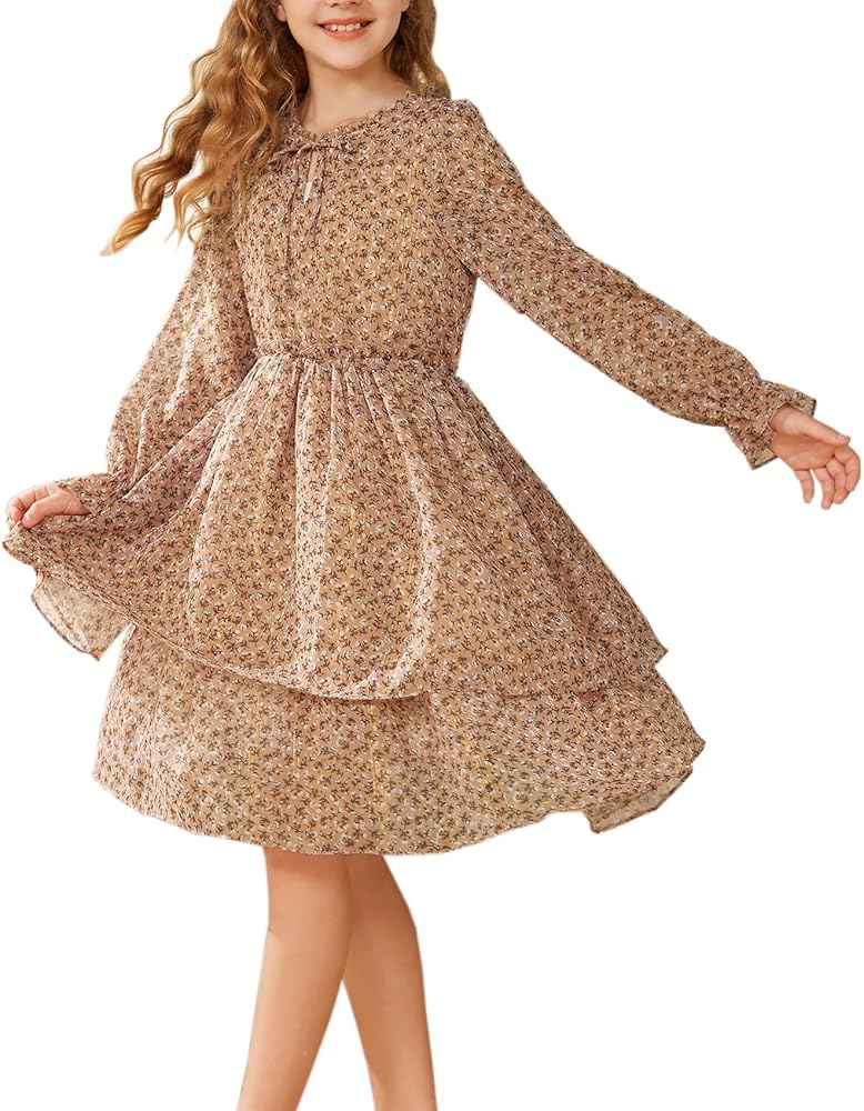 GRACE KARIN Girls Fall Long Sleeve Dress Formal Party Holiday Smocked Waist Midi Dresses 5-12Years