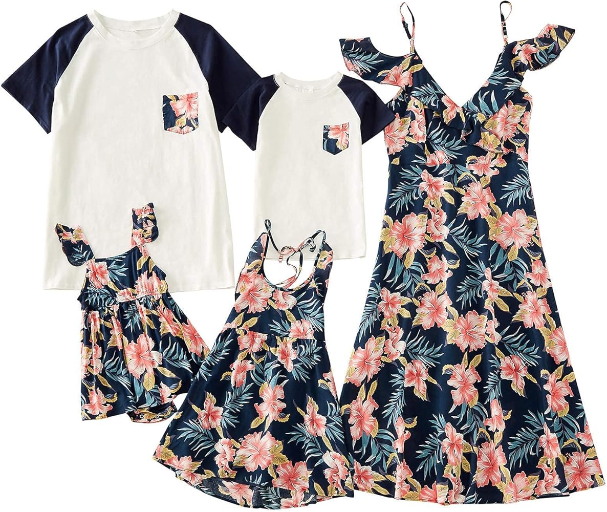 Mumetaz Family Matching Outfits Mommy and Me Dresses Floral Print Cold Shoulder V-Neck Ruffle Backless Clothes