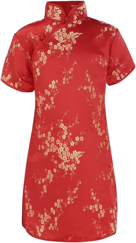 Pageant Dress Big Kids Short Sleeve Stand Up Collar Floral Print Chinese Cheongsam New Year's Little Girl Jean