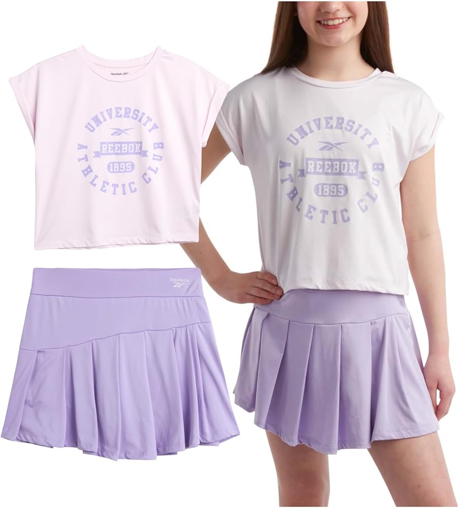 Reebok Girls’ Active Skirt Set – 2 Piece Performance T-Shirt and Tennis Skort – Butterfly Scooter Skirt with Liner (7-12)