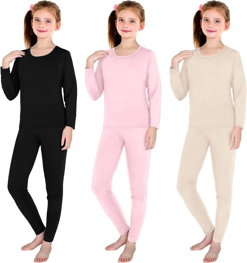 3 Set Girls Thermal Underwear Soft Winter Thermal Top and Bottom with Fleece Lined Base Layer for Girls