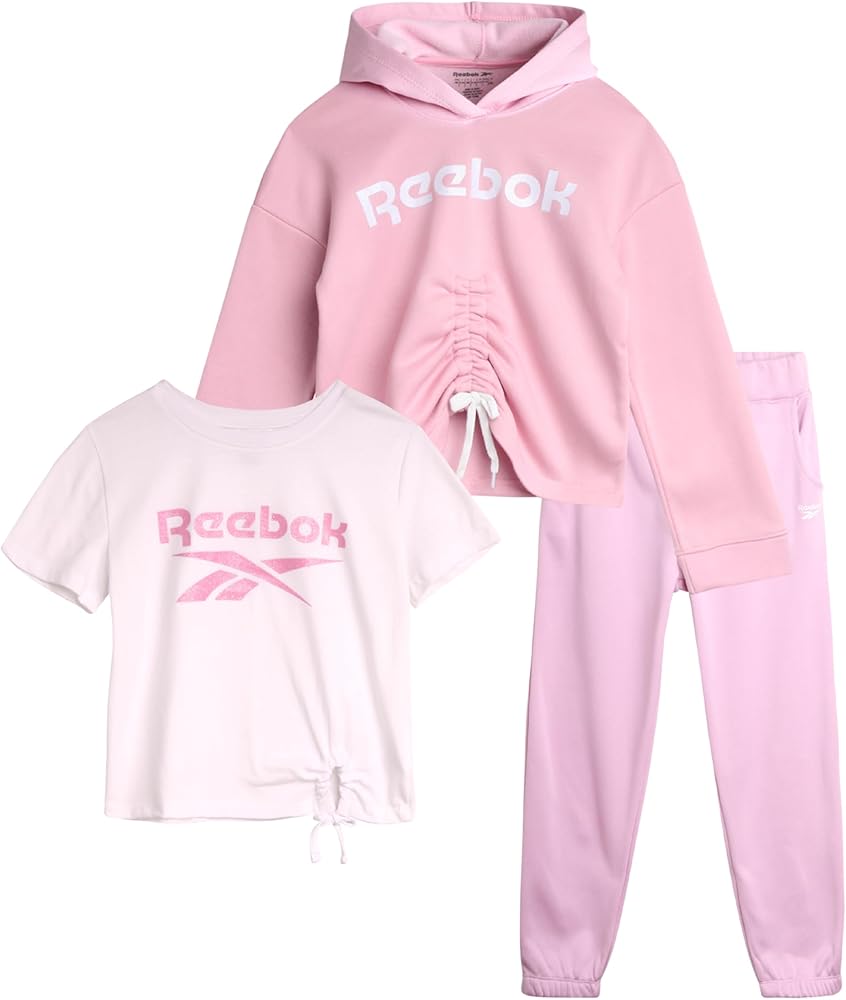 Reebok Girls' Jogger Set - 3 Piece T-Shirt, Fleece Hoodie, and Sweatpants (Size: 7-12)