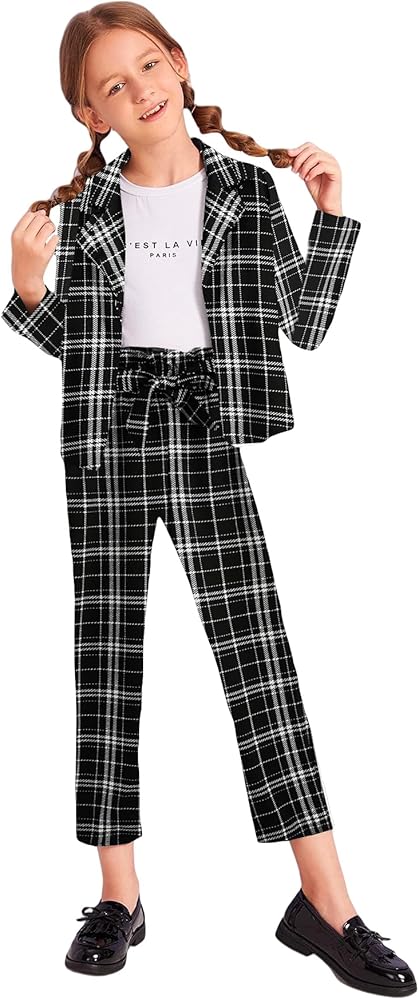 Milumia Girl's Two Piece Outfit Plaid Open Front Blazer and Pants Set