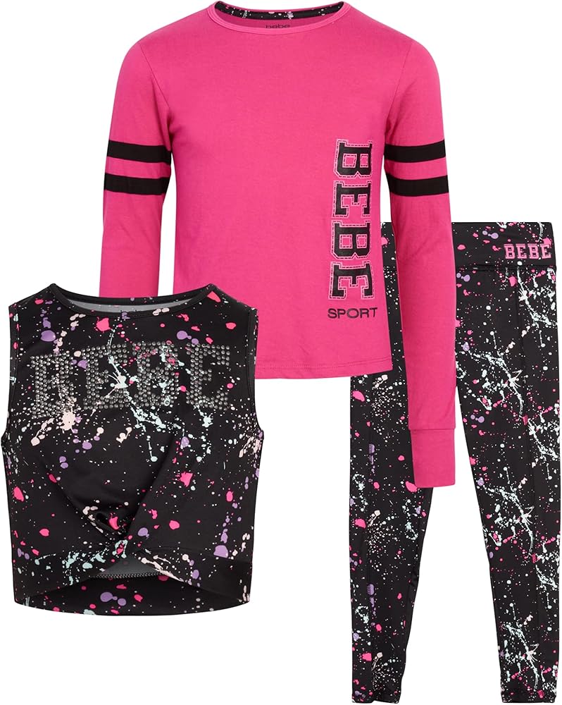 bebe Girls' Legging Set - 3 Piece Active Fleece Crop Tank Top, Shirt, and Leggings (4-12)