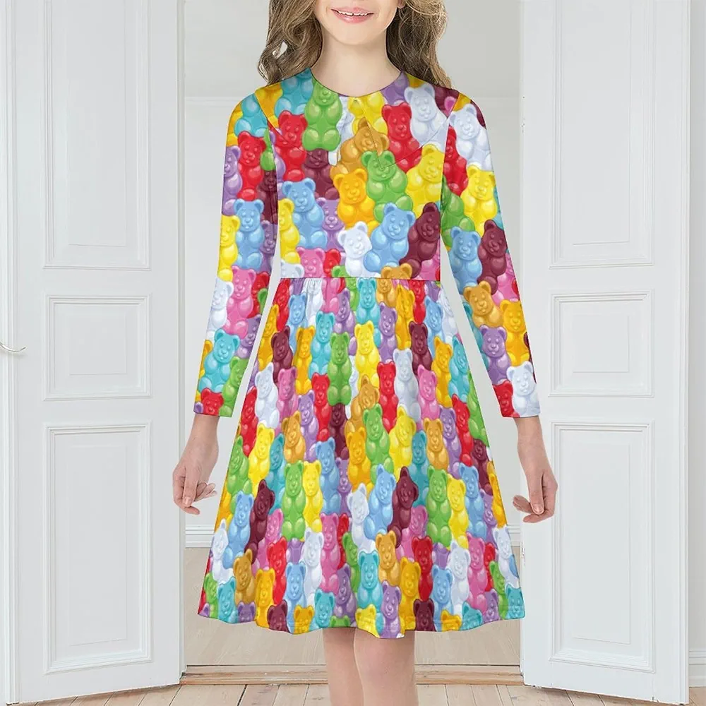 Gummy Bears Candies Girls Dress Long Sleeve Short Dress Swing Casual Party Dresses