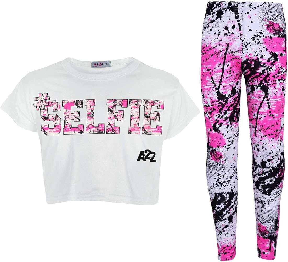 A2Z 4 Kids Girls #SELFIE Print White Crop Top Short Sleeves T Shirt And Splash Print Fashion Leggings Set Age 5-13 Years