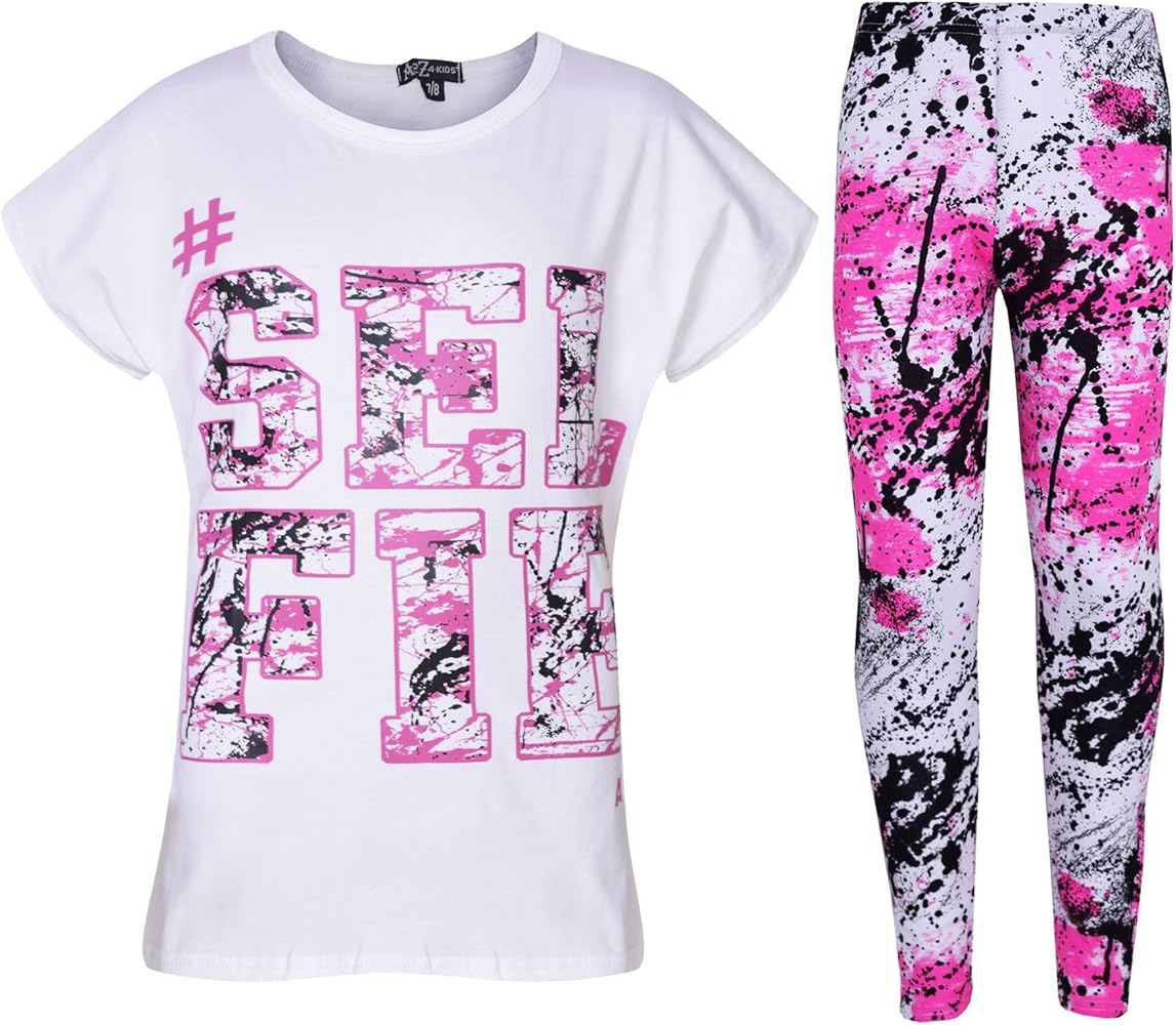 Girls Tops Kids #Selfie Print T Shirt Top & Fashion Splash Legging Set 7-13 Year White