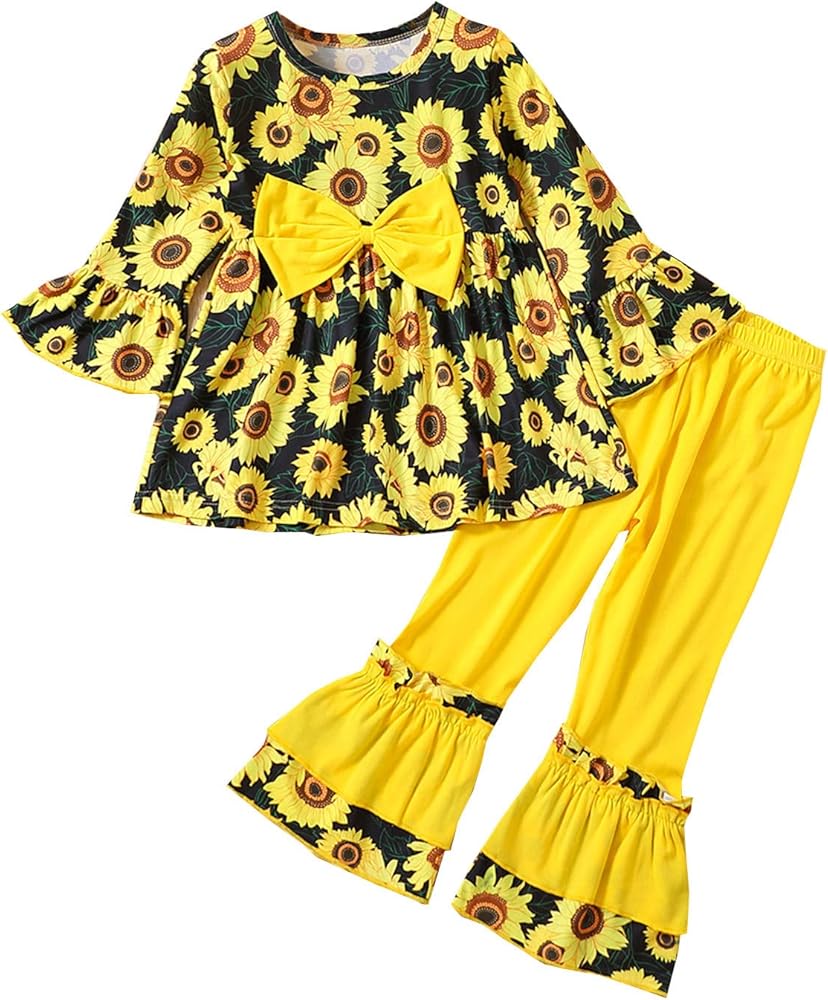 Toddler Girls Long Sleeve Sunflower Flower Print Trumpet Sleeve Top Yellow Flare Pants Suit Outfits Girl Clothes