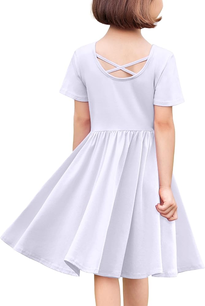 Arshiner Girls Dress Short Sleeve Solid Summer A-line Swing Twirly Skater Casual Dresses for Kids 4-14 Years