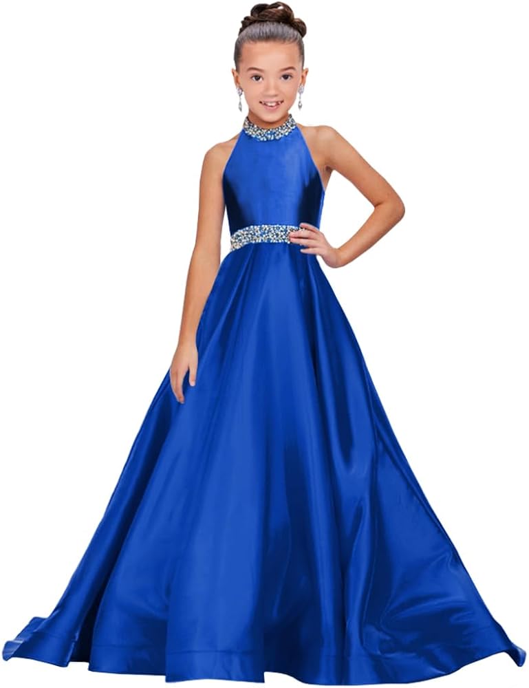 Girls Pageant Dress Princess Long Halter Birthday Party Ball Gowns with Train PT105