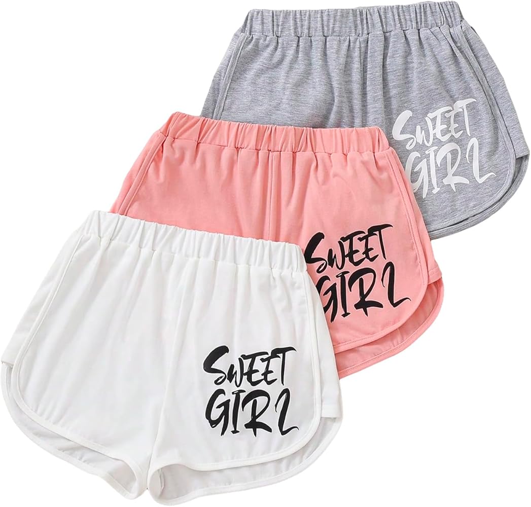 Floerns Girl's 3 Pcs Letter Graphic Print Elastic Waist Sports Athletic Track Shorts