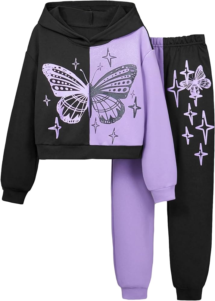 OYOANGLE Girl's 2 Piece Outfits Colorblock Butterfly Print Long Sleeve Hoodie Sweatshirts and Sweatpants Set