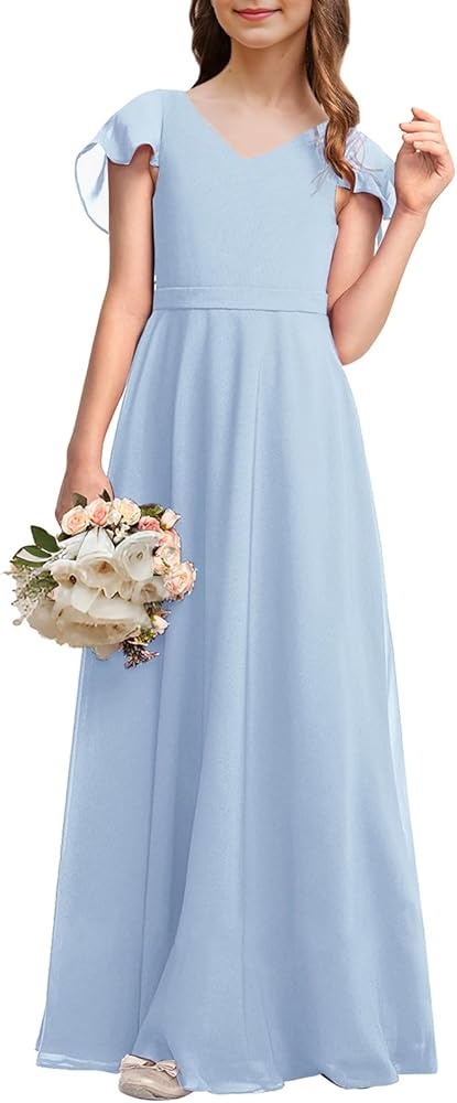 Kids Junior Bridesmaid Dresses Chiffon Flower Girl Dress for Teen Girl Long Party Pageant Gowns