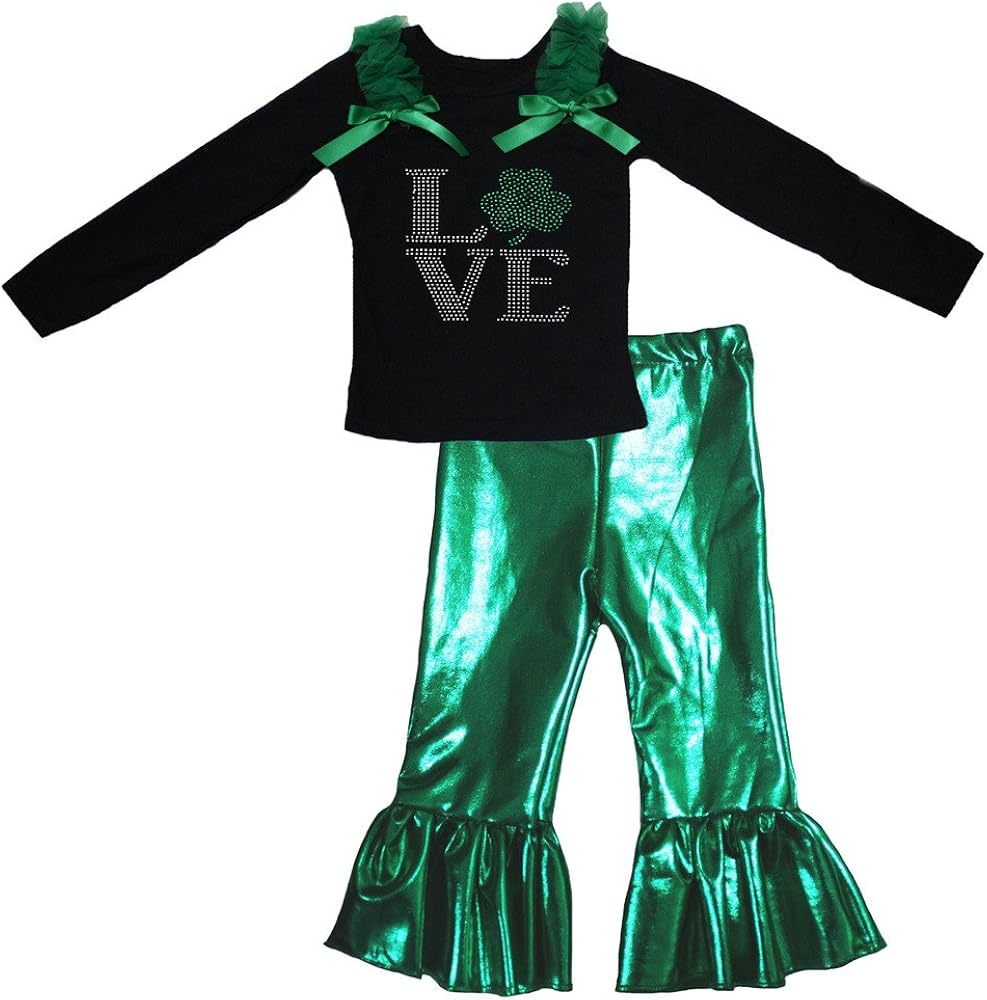 Petitebella LOVE Clover Black L/s Shirt Bling Green Pant Set for Girl 1-8y