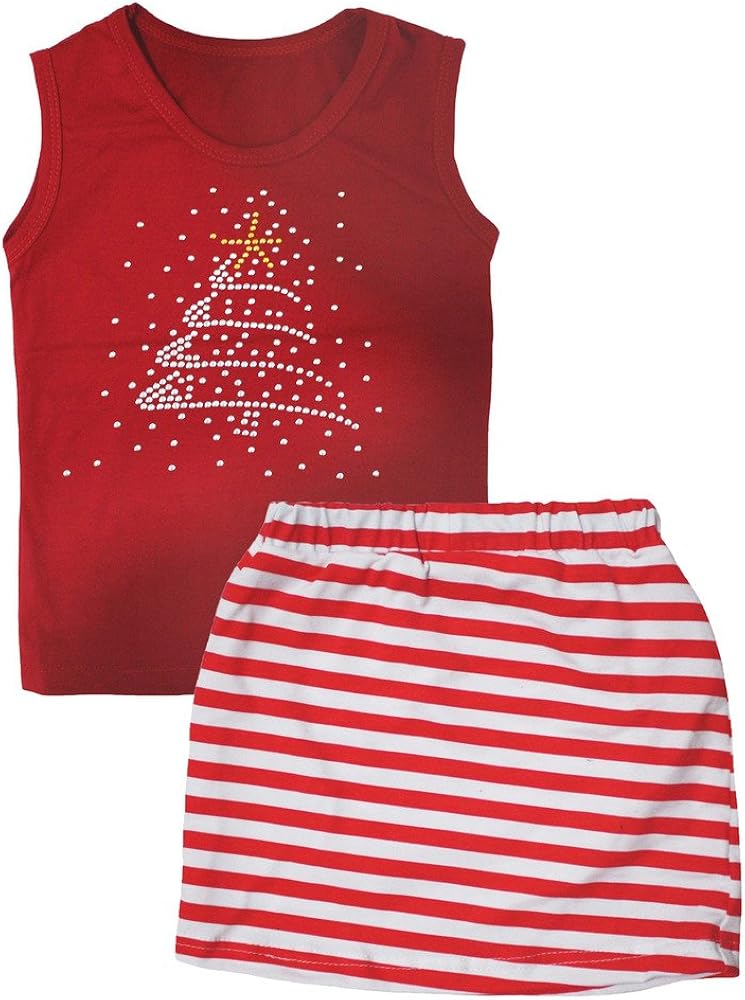 Petitebella Bling Xmas Tree Vest Red White Stripes Skirt Set 1-8y