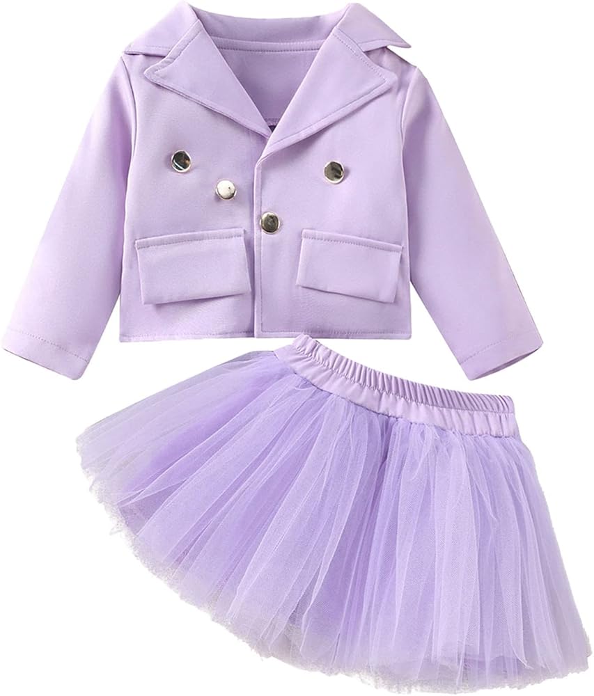 Toddler Girls Long Sleeve Turn Down Collar Solid Tops Coat Tulle Skirt Outfits Clothes for Girls Size 14-16 (Purple, 3-4 Years)