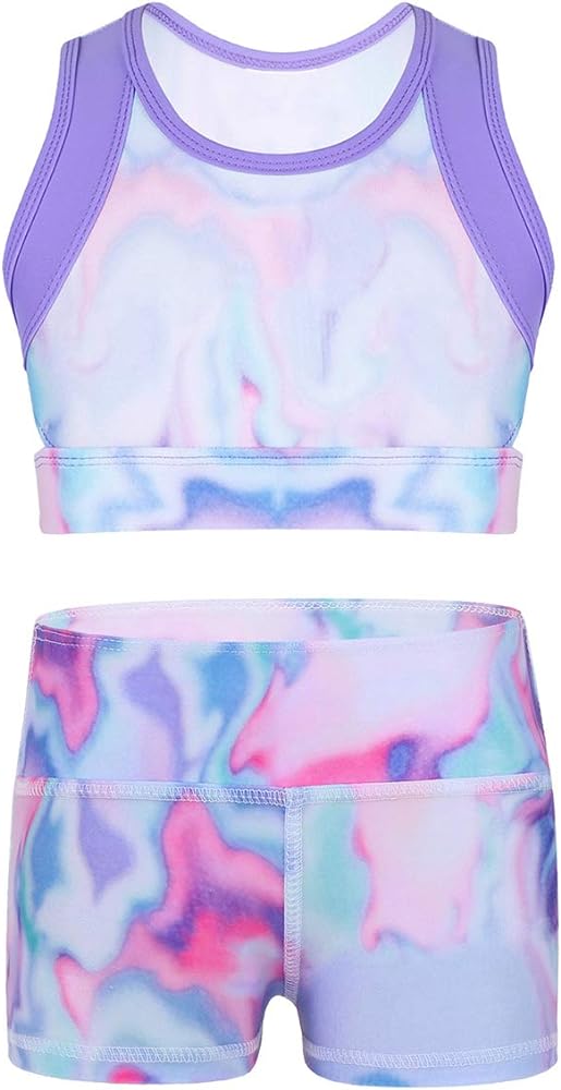 Girls Kids Gymnastics Crop Top Bra and Short Colorful Printed Set Yoga Active Workout Dancing Outfit