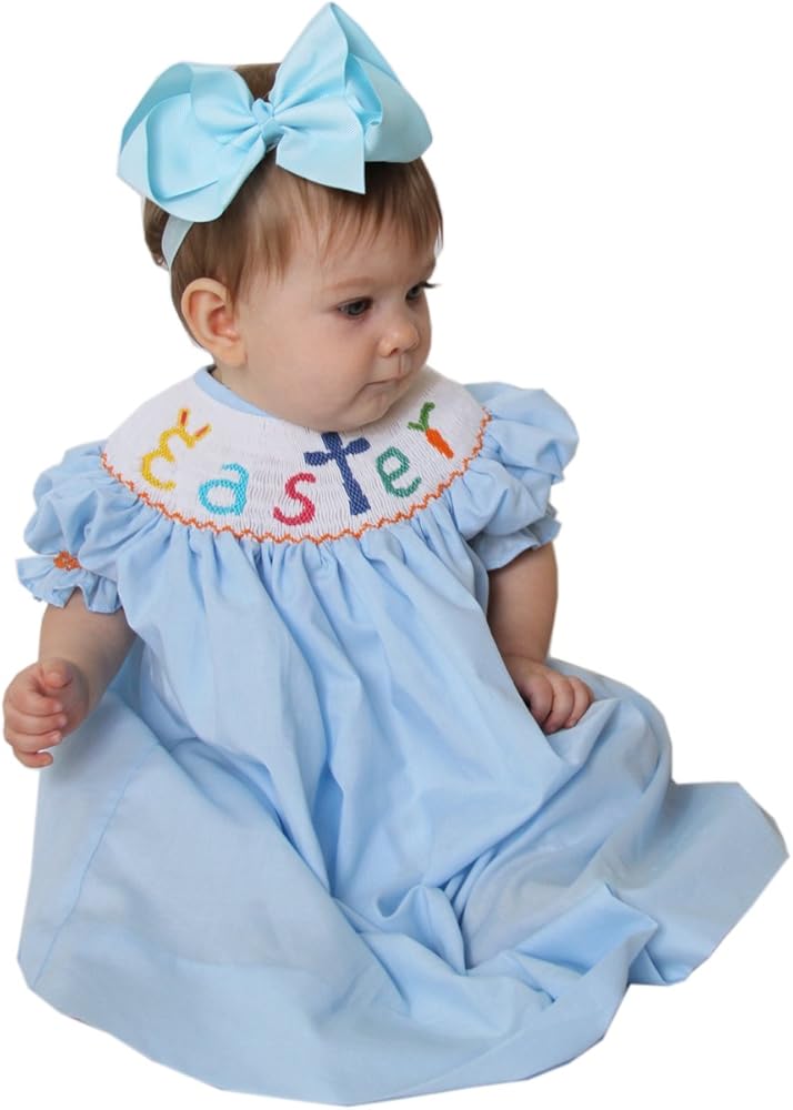 Hand Smocked Girls Easter Dress with Bunnies and Cross Bishop Style