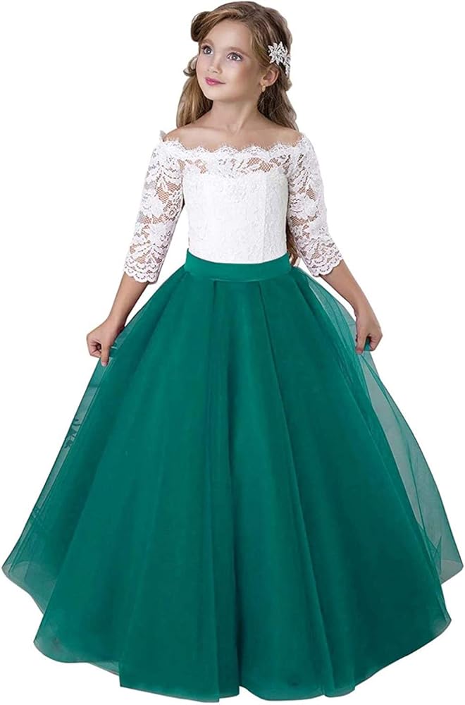 Flower Girl Dress Long Sleeve Kids Lace Pageant Party Christmas Ball Gown Dresses