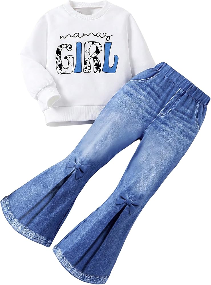 SHENHE Girl's 2 Piece Outfits Cartoon Graphic Crewneck Long Sleeve Sweatshirt and Flare Jeans Set