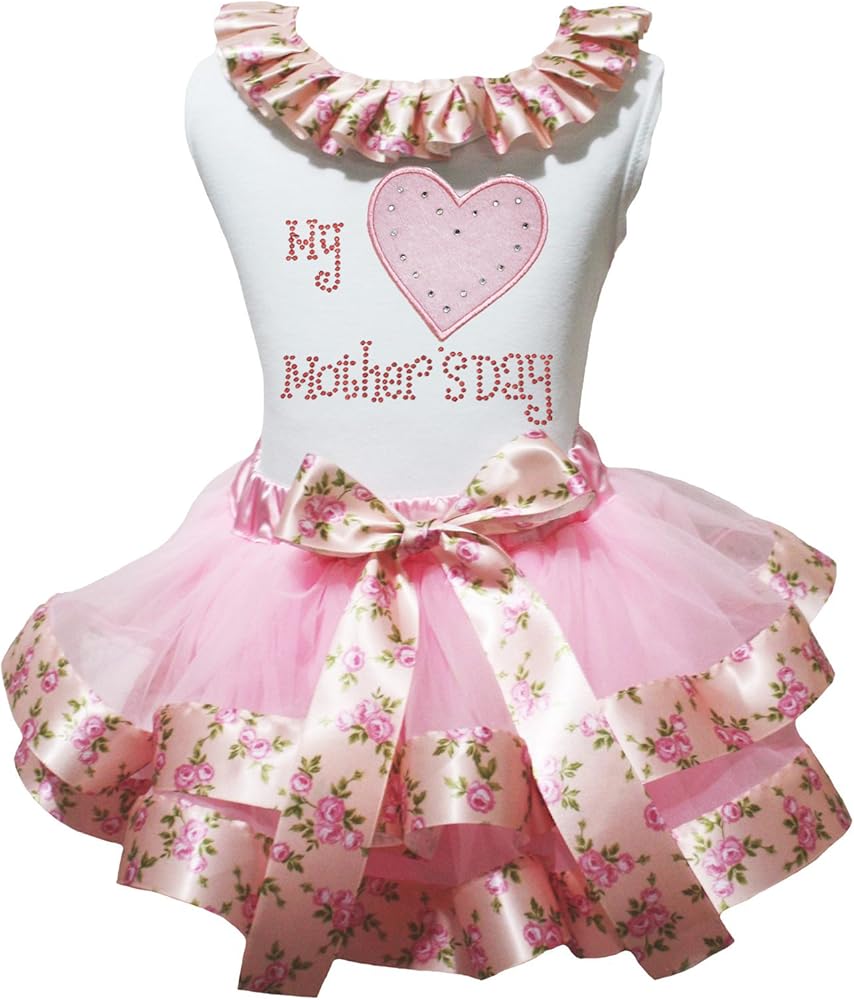 Petitebella My Heart Mother's Day White Shirt Pink Floral Petal Skirt Nb-8y