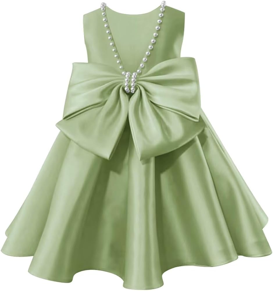 Satin Flower Girl Dresses for Wedding Tea Length Backless Kids Pageant Princess Dress with Bow Pearls Proms Ball Gowns