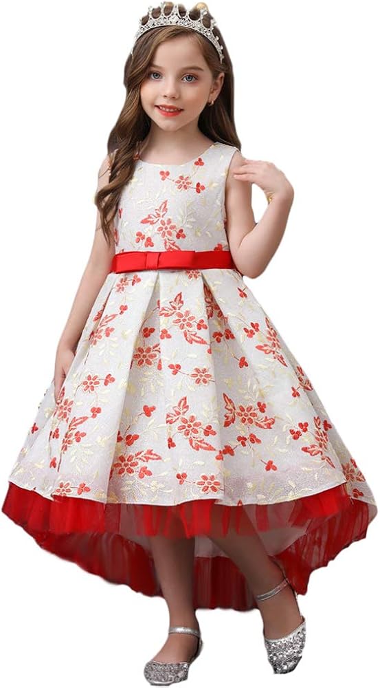 Kids Girls Elegant Wedding Flower Girl Dress Princess Party Pageant Formal Sleeveless Embroidered Satin Tutu Dresses