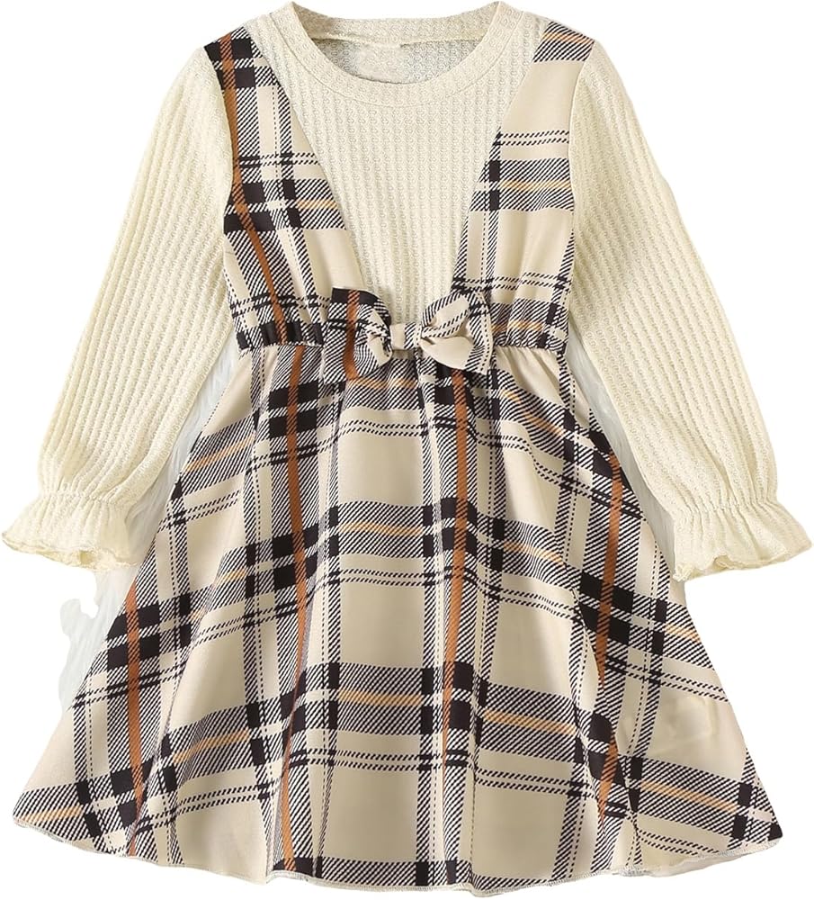 OYOANGLE Girl's Rib Knit Plaid Print Long Sleeve Bow Front High Waist A Line Short Dress Girl Casual Dresses