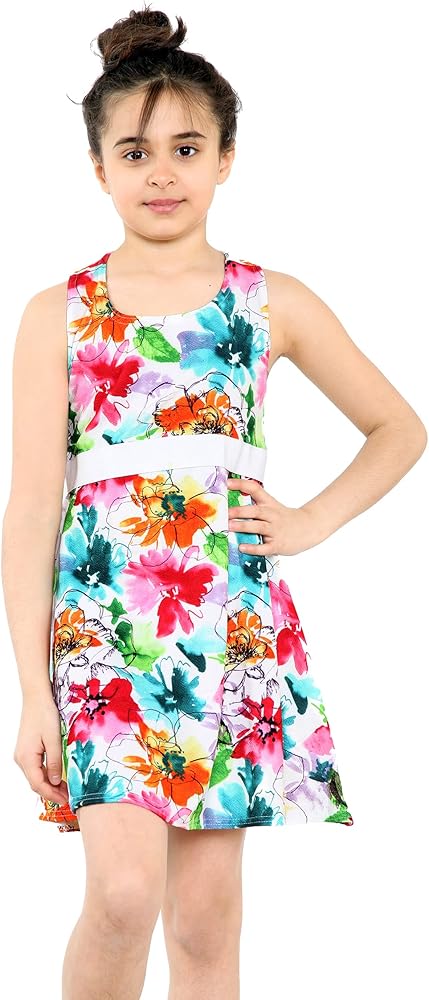 Girls Floral Printed Sleeveless Cross Over Back Skater Dress Age 5-12 Years