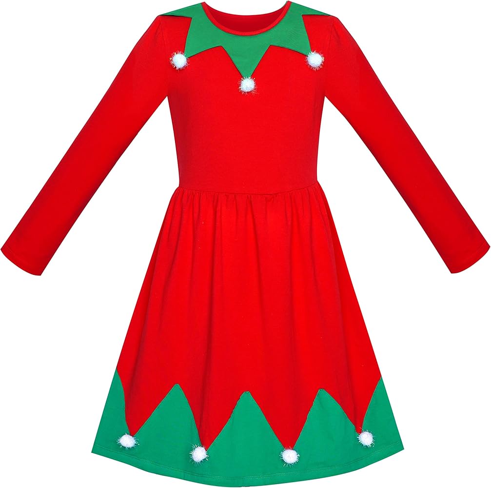 Sunny Fashion Girls Dress Christmas Tree Pompoms Long Sleeve Year Size 6 Red Green