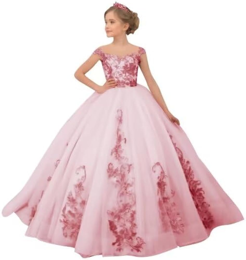 Flower Girl Dresses Tulle Princess Pageant Dress Lace Appliques Kids Party Prom Ball Gowns with Bow-Knot