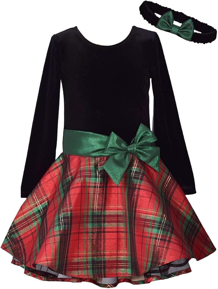 Bonnie Jean Holiday Christmas Dress - Classic Plaid with Velvet with Hair Accessories