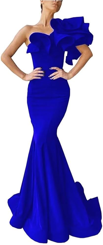 One Shoulder Prom Dress Mermaid Satin Evening Gowns Long Satin Party Dress with Ruffles