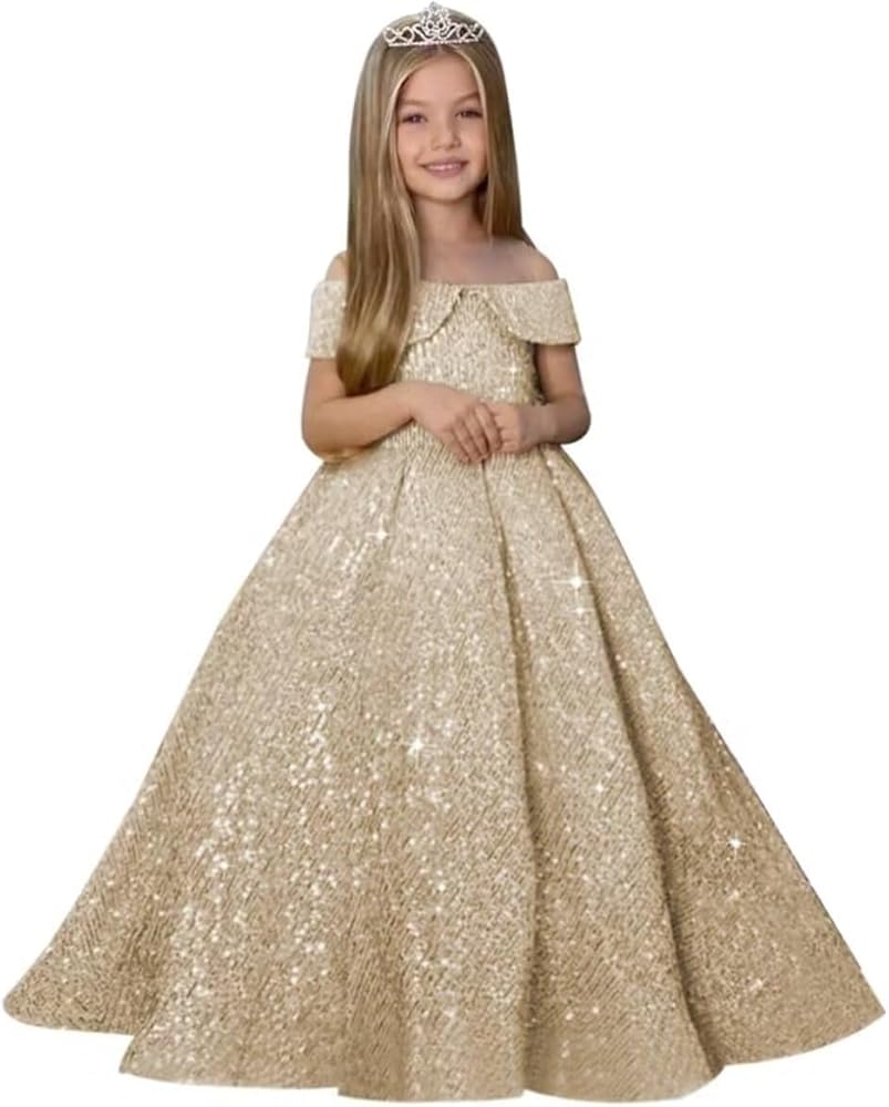 Off Shoulder Sequin Pageant Dress for Girls Sparkly Ball Gown Flower Girl Dresses Princess Kids Toddler Dress