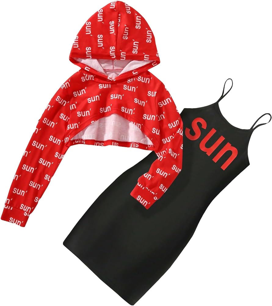 OYOANGLE Girl's 2 Piece Graphic Print Long Sleeve Hoodie Sweatshirt Top and Cami Dress Set