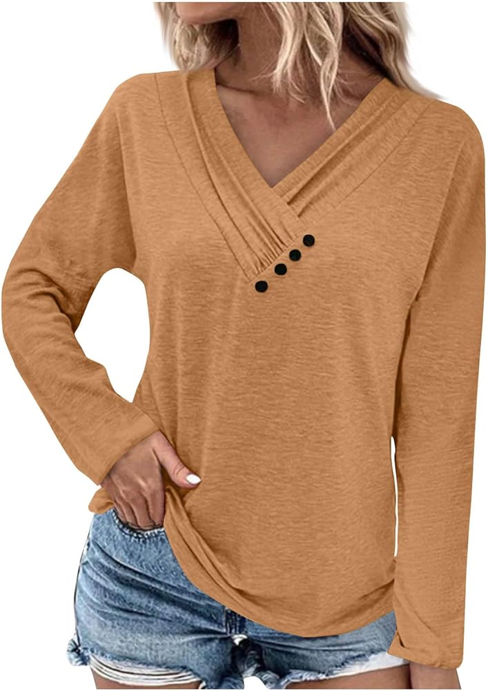 Long Sleeve Shirts for Women,Womens Cowl Neck Solid Button Tunic Tee Casual Loose V Neck Pullover Fall Trendy Tops