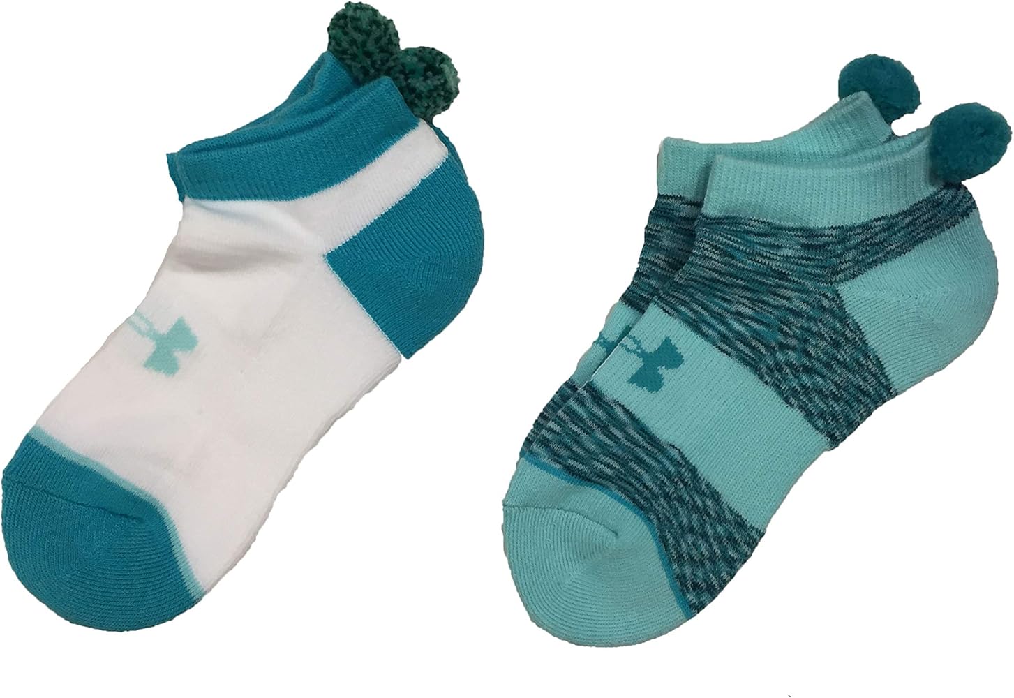 Under Armour Girl`s No Show Socks With Pom 2 Pack (Turquoise(1310247-297)/White, Youth Large)