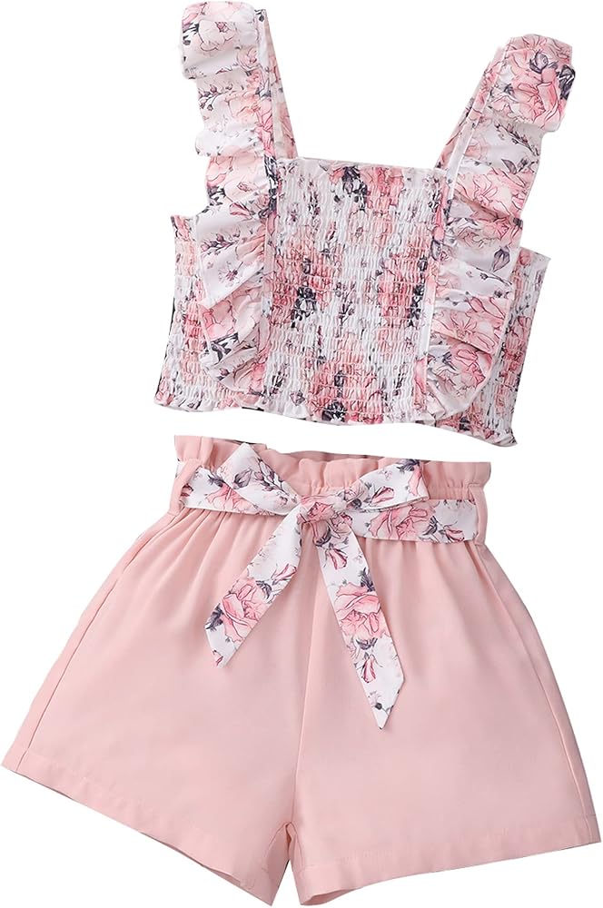 FERWANG Kids Little Girls Summer 2 Piece Outfits Floral Print Shirred Ruffle Hem Cami Top & Belted Shorts