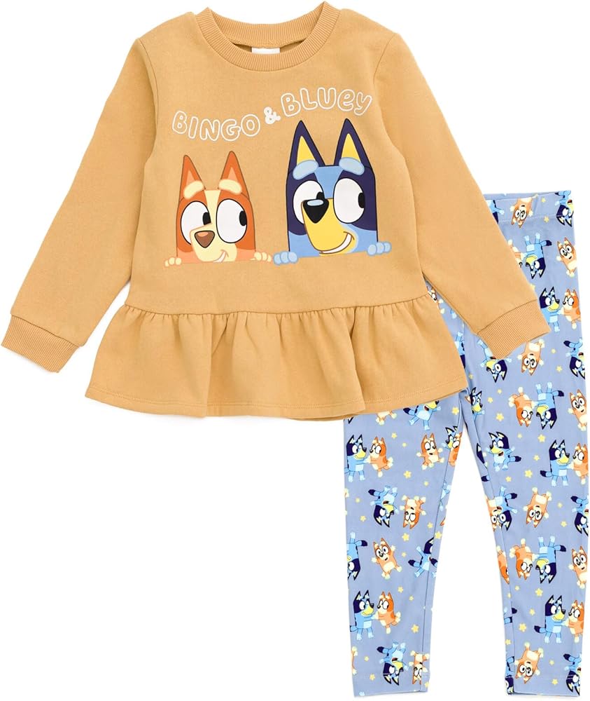 Bluey Girls Peplum Sweatshirt and Leggings Outfit Set Toddler to Big Kid Sizes (2T - 10-12)